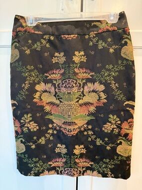 CAbi Black Brocade Pencil Skirt with Multicolor Floral Embroidery